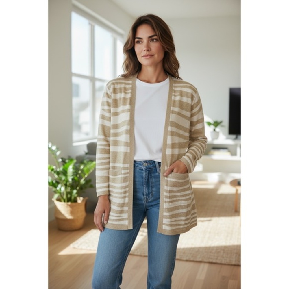 Chico's Cream & Gold Stripe Metallic Cardigan Sweater Size 2 (M)‎